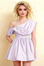 Cecilia Lavender One Shoulder Mini Skater Dress with Draped Asymmetric Neck