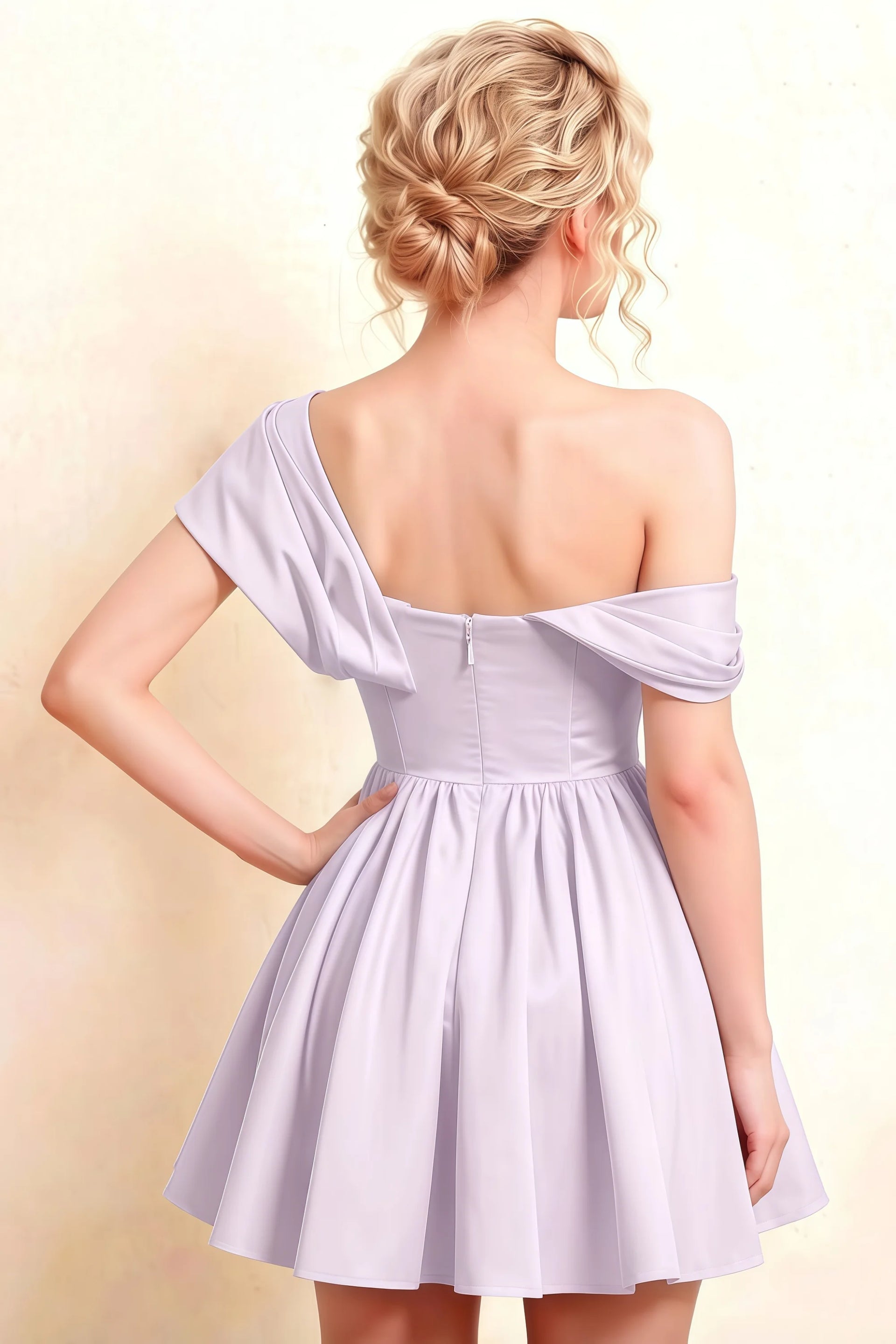 Back Detail of LVLVS Cecilia Lavender One Shoulder Mini Skater Dress - Open Back with Zipper, Flattering Waistband, and Flowy Skater Skirt - Perfect for Bridesmaid, Prom, Semi-Formal Weddings, Cocktail Events, Graduation, and Homecoming