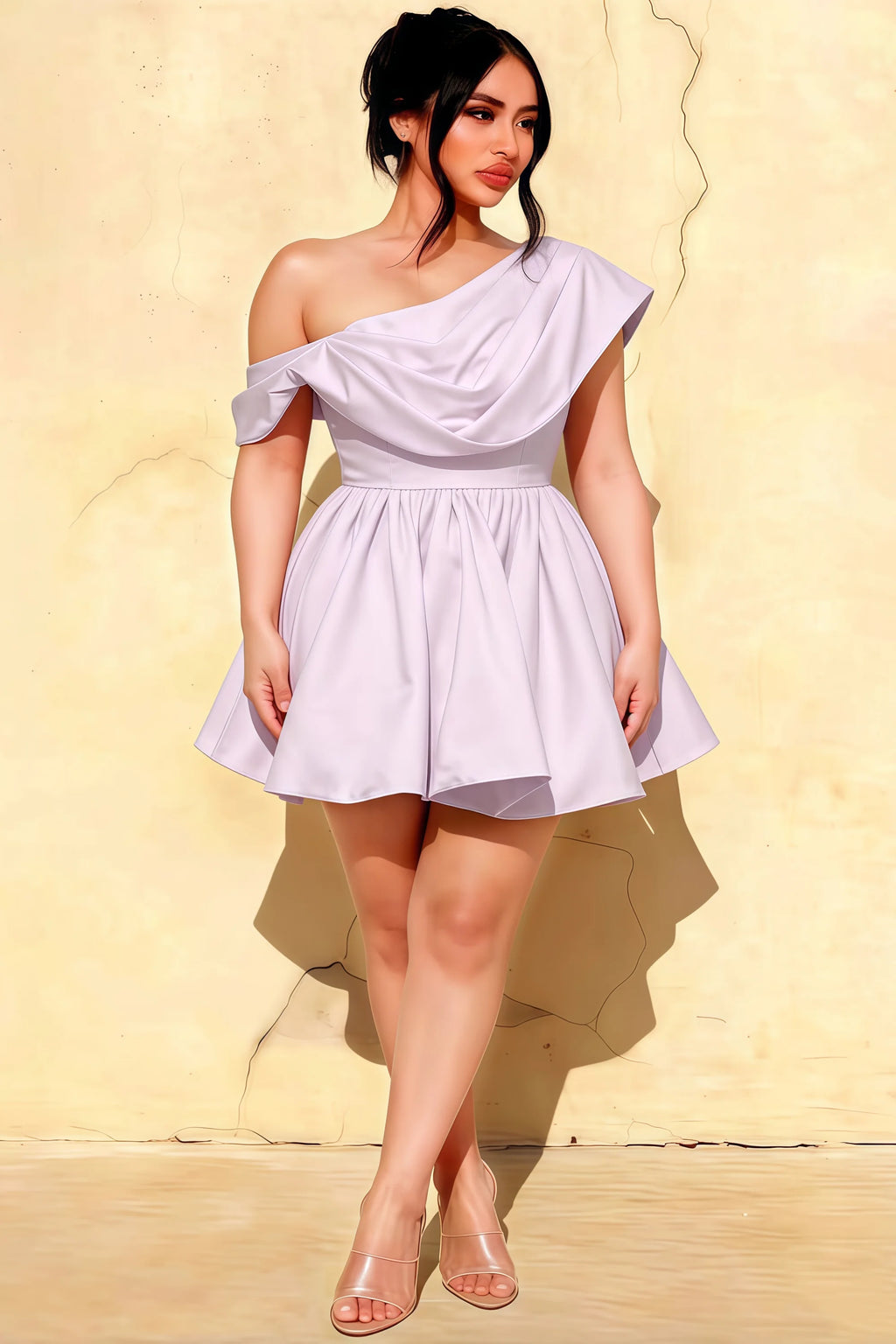 Plus Size Model Wearing LVLVS Cecilia Lavender One Shoulder Mini Skater Dress Against a Textured Wall - Inclusive Sizing, Flattering Fit for Curvy Figures, Ideal for Casual Days, Office & Work (Smart Casual), Brunch, Day Parties, and Semi-Formal Events
