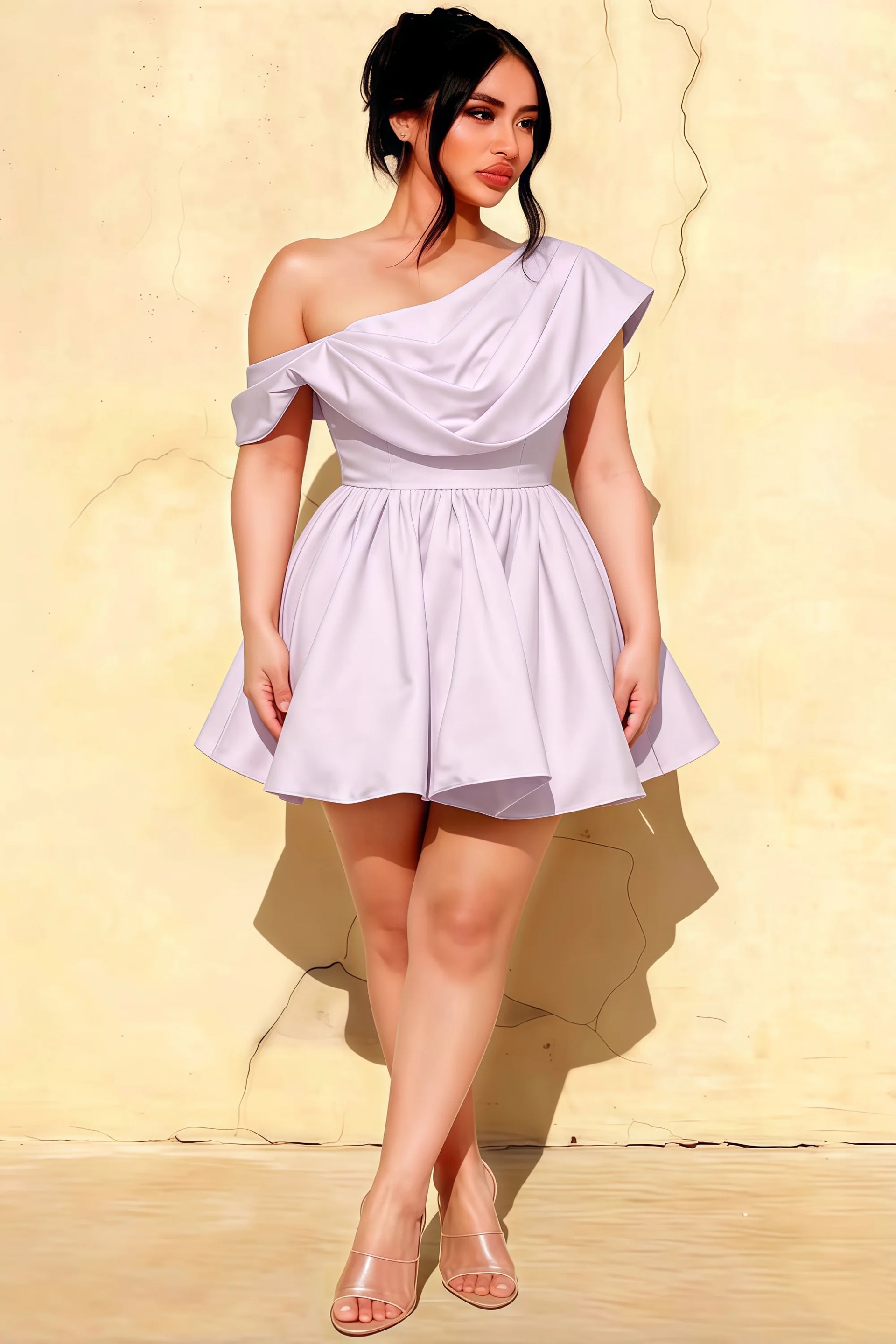 Plus Size Model Wearing LVLVS Cecilia Lavender One Shoulder Mini Skater Dress Against a Textured Wall - Inclusive Sizing, Flattering Fit for Curvy Figures, Ideal for Casual Days, Office & Work (Smart Casual), Brunch, Day Parties, and Semi-Formal Events