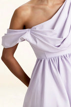 Close-Up of LVLVS Cecilia Lavender One Shoulder Dress Neckline - Draped Asymmetric Design, Soft Crepe Fabric, and Flattering Off-Shoulder Detail - Perfect for Cocktail Parties, Bridesmaid Dresses, Prom, and Classy Evening Events