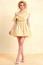 Cecilia Lemon One Shoulder Mini Skater Dress with Draped Asymmetric Neck