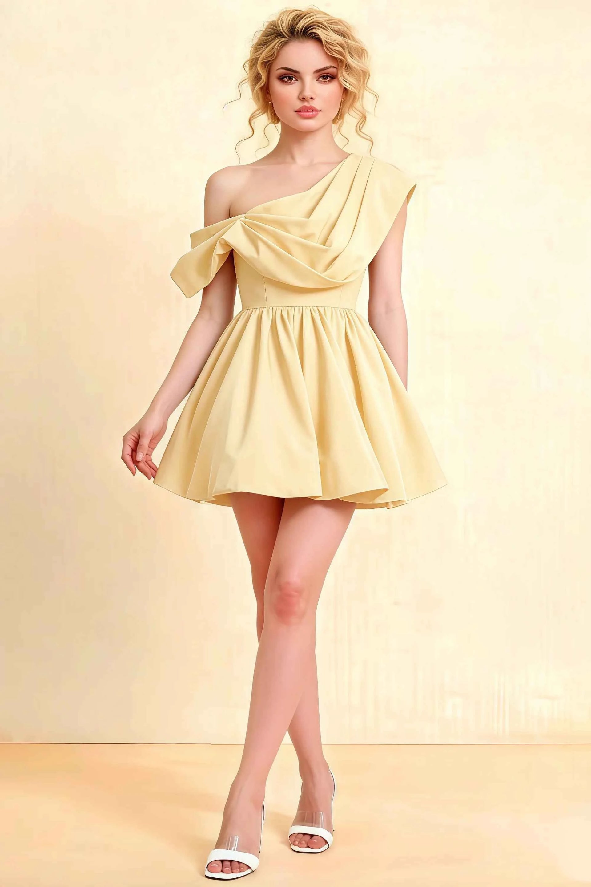 Cecilia Lemon One Shoulder Mini Skater Dress with Draped Asymmetric Neck