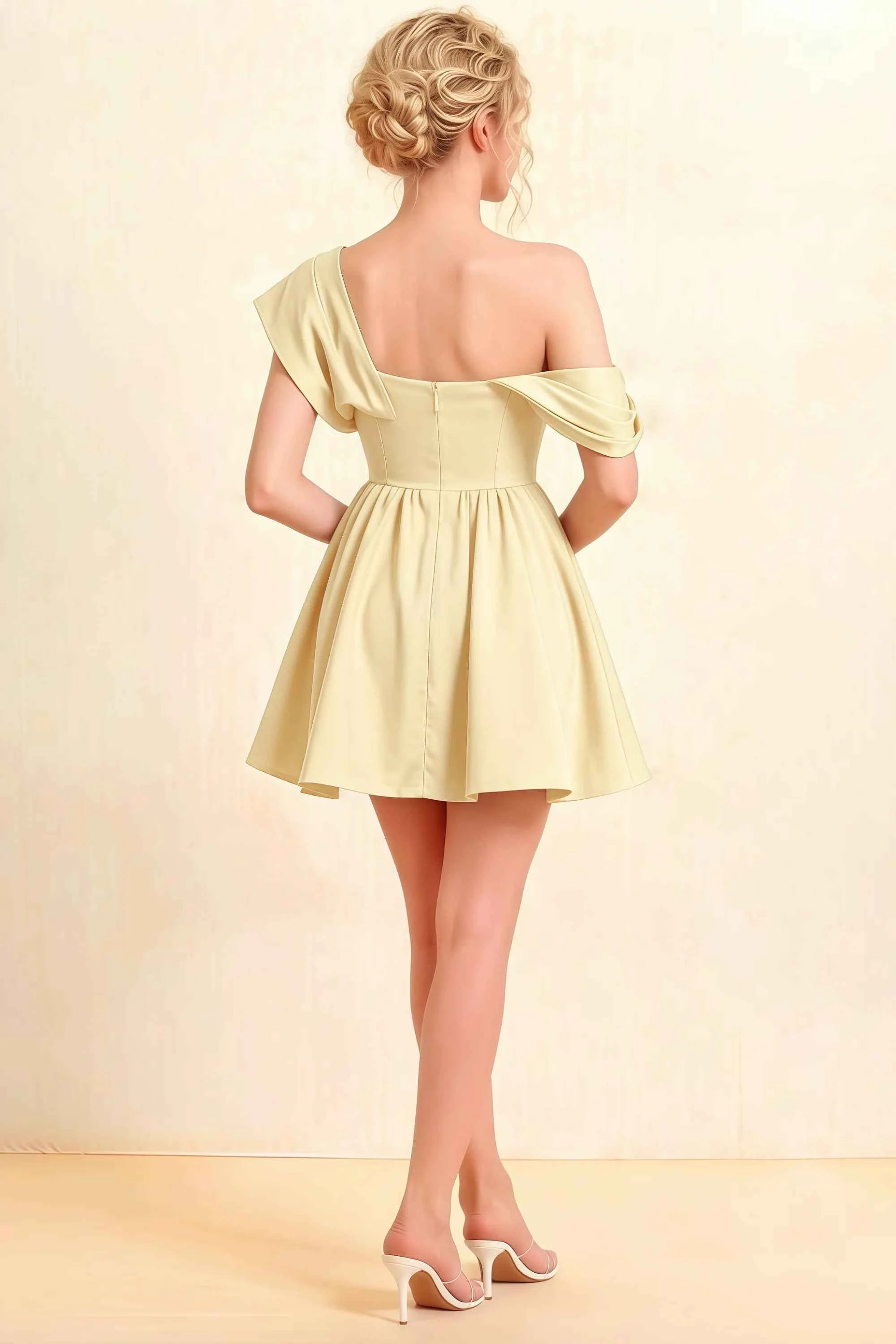 Cecilia Lemon One Shoulder Mini Skater Dress with Draped Asymmetric Neck Imagen secundaria del producto