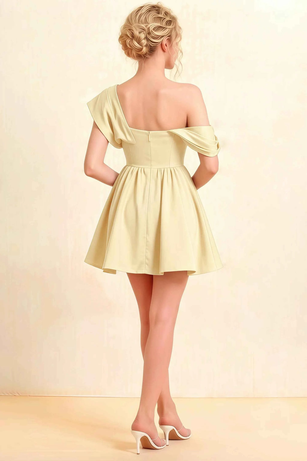 Cecilia Lemon One Shoulder Mini Skater Dress with Draped Asymmetric Neck