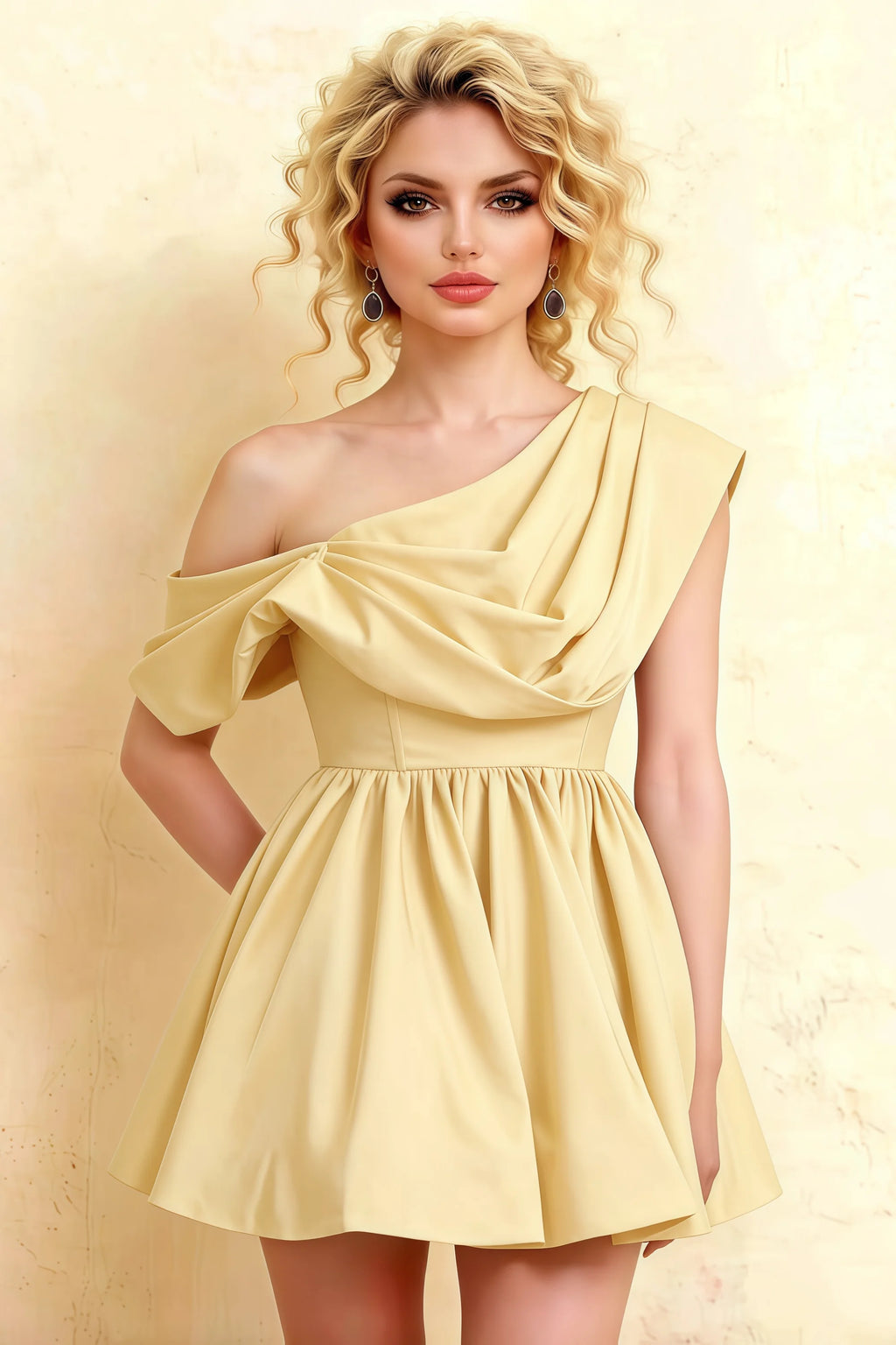LVLVS Cecilia Lemon One Shoulder Mini Skater Dress Front Close - up | Classy Cocktail & Semi - Formal Event Dress