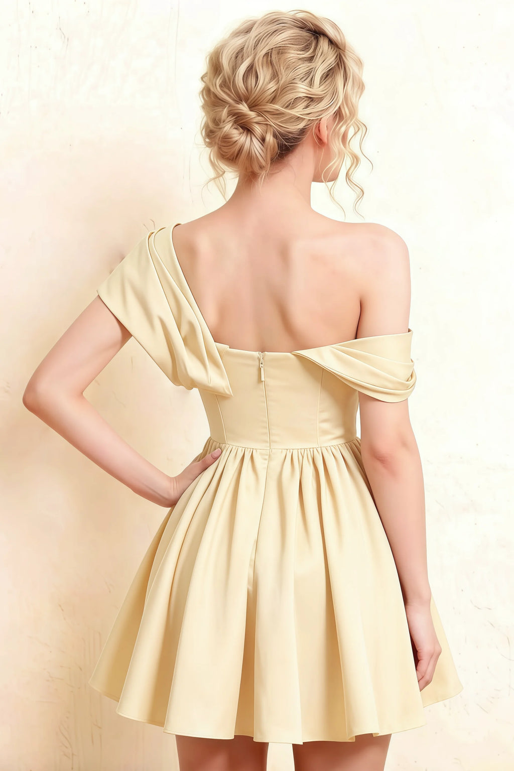 LVLVS Cecilia Lemon One Shoulder Mini Skater Dress Back Detail | Elegant Bridesmaid & Formal Occasion Short Dress
