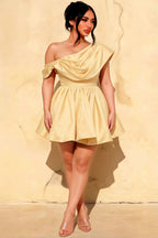 Plus Size Model in LVLVS Cecilia Lemon One Shoulder Mini Skater Dress | Inclusive Casual Party & Homecoming Dress