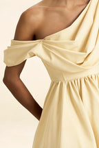 LVLVS Cecilia Lemon Crepe Dress Fabric Detail | One Shoulder Draped Asymmetric Neck Mini Skater Dress Material Close - up
