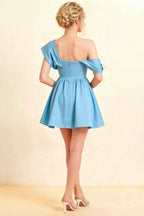 Cecilia Light Blue One Shoulder Mini Skater Dress with Draped Asymmetric Neck