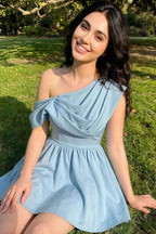 Cecilia Light Blue One Shoulder Mini Skater Dress with Draped Asymmetric Neck