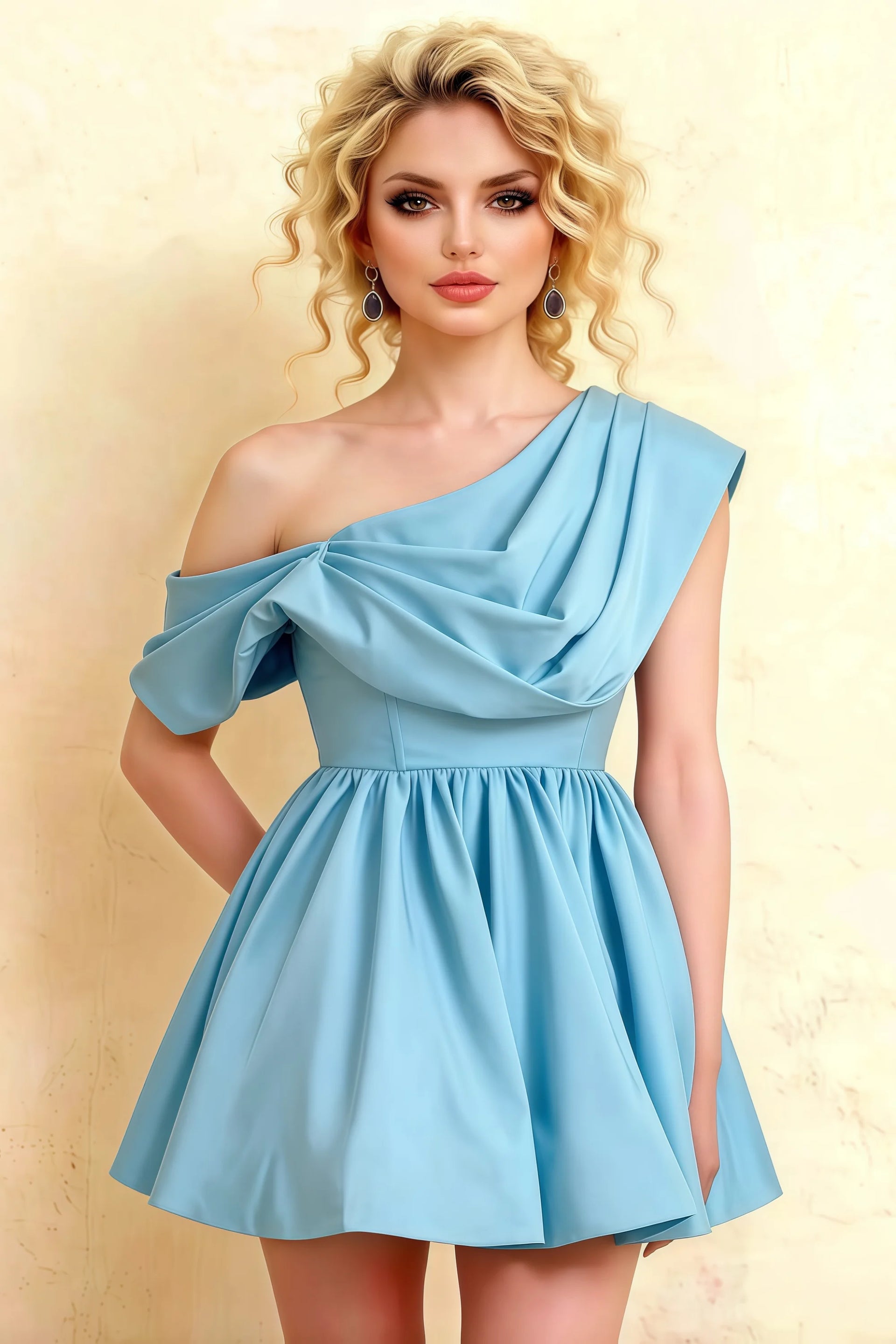 LVLVS Cecilia Light Blue One Shoulder Mini Skater Dress Close Up for Prom Semi Formal Event