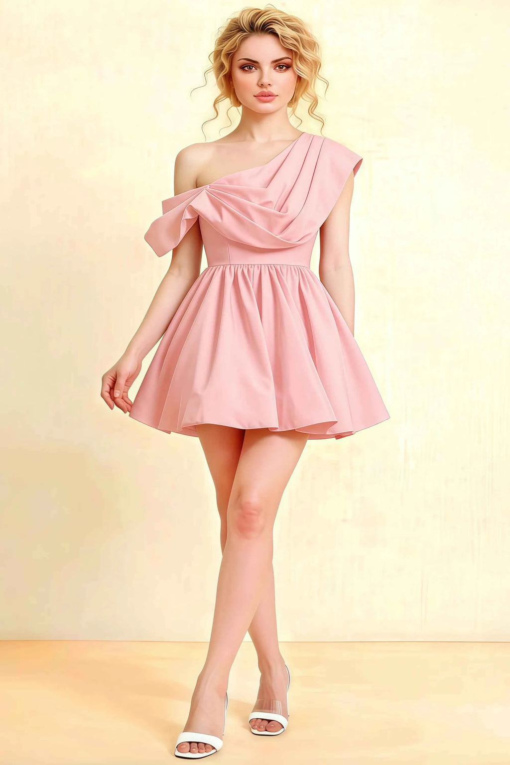 Cecilia Light Pink One Shoulder Mini Skater Dress with Draped Asymmetric Neck
