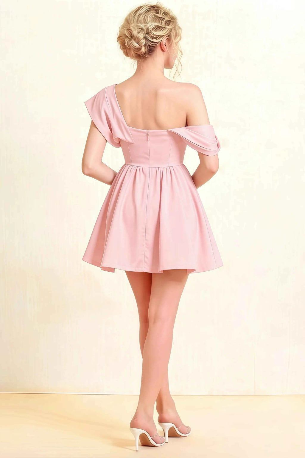 Cecilia Light Pink One Shoulder Mini Skater Dress with Draped Asymmetric Neck