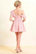 Cecilia Light Pink One Shoulder Mini Skater Dress with Draped Asymmetric Neck
