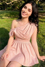 Cecilia Light Pink One Shoulder Mini Skater Dress with Draped Asymmetric Neck