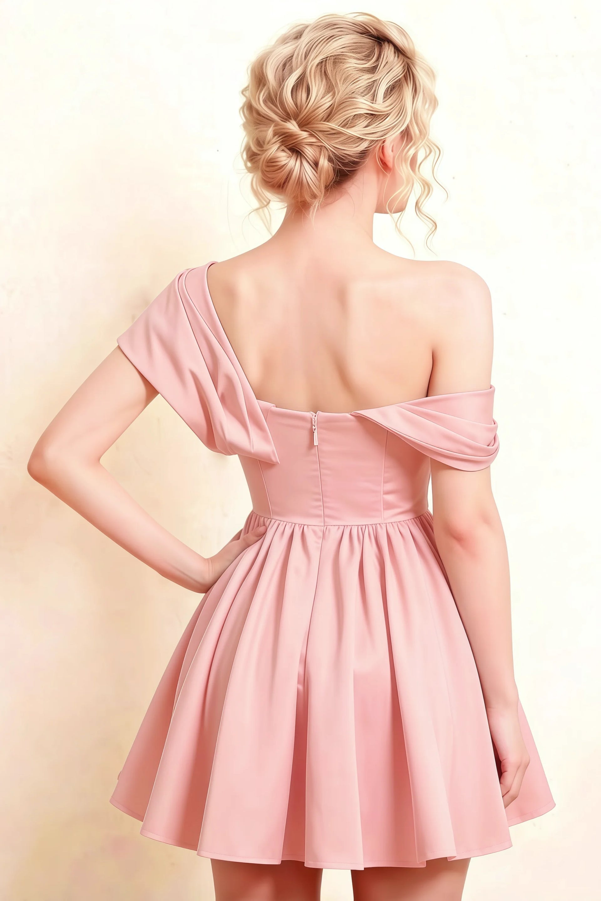 Back View LVLVS Cecilia Light Pink One Shoulder Mini Skater Dress Zipper Detail for Formal Occasion