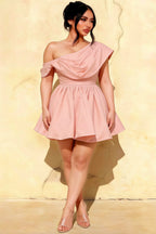 Plus Size Model Wearing LVLVS Cecilia Dress Light Pink One Shoulder Mini Skater Dress for Semi - Formal Party