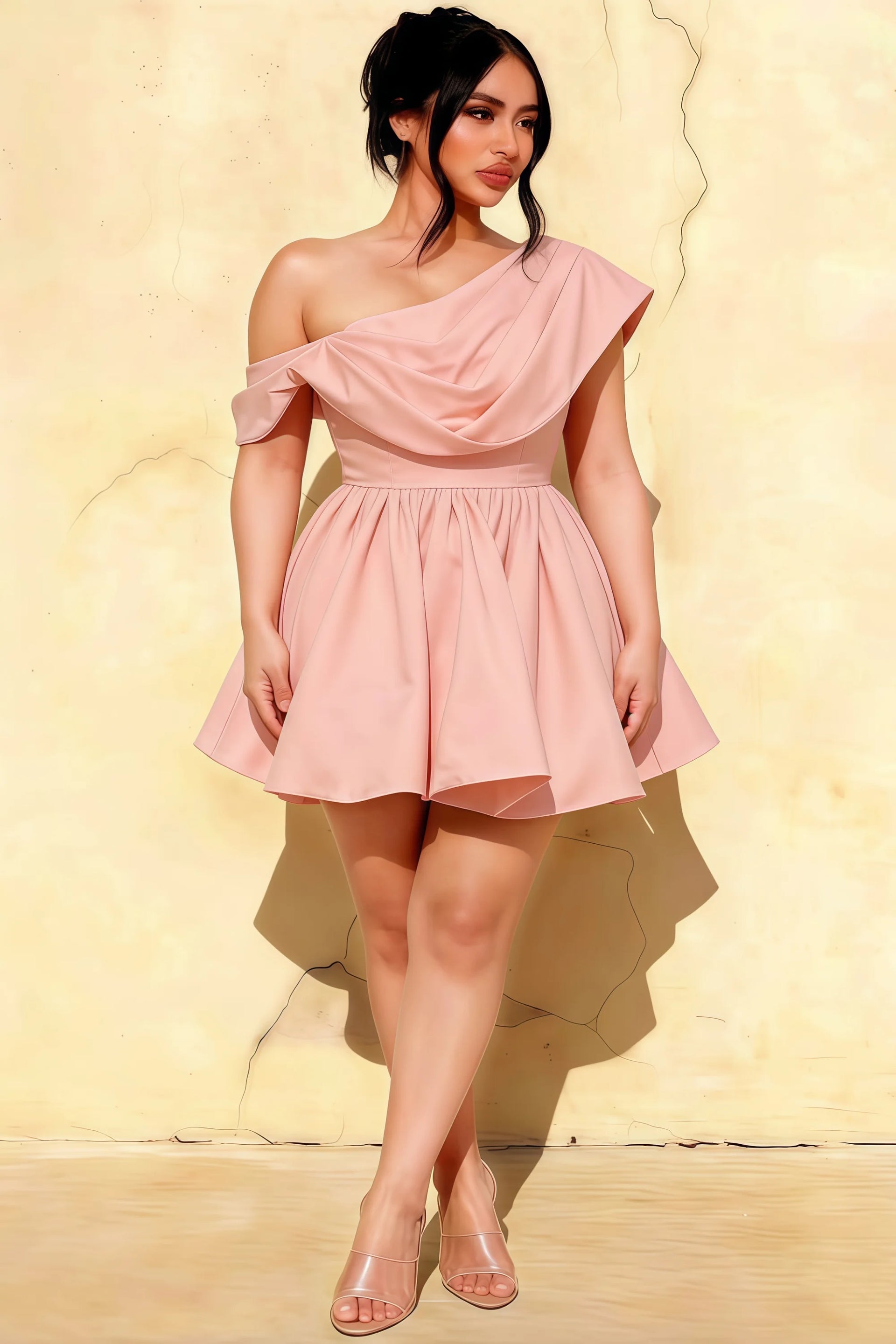 Plus Size Model Wearing LVLVS Cecilia Dress Light Pink One Shoulder Mini Skater Dress for Semi - Formal Party