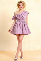 Cecilia Lilac One Shoulder Mini Skater Dress with Draped Asymmetric Neck