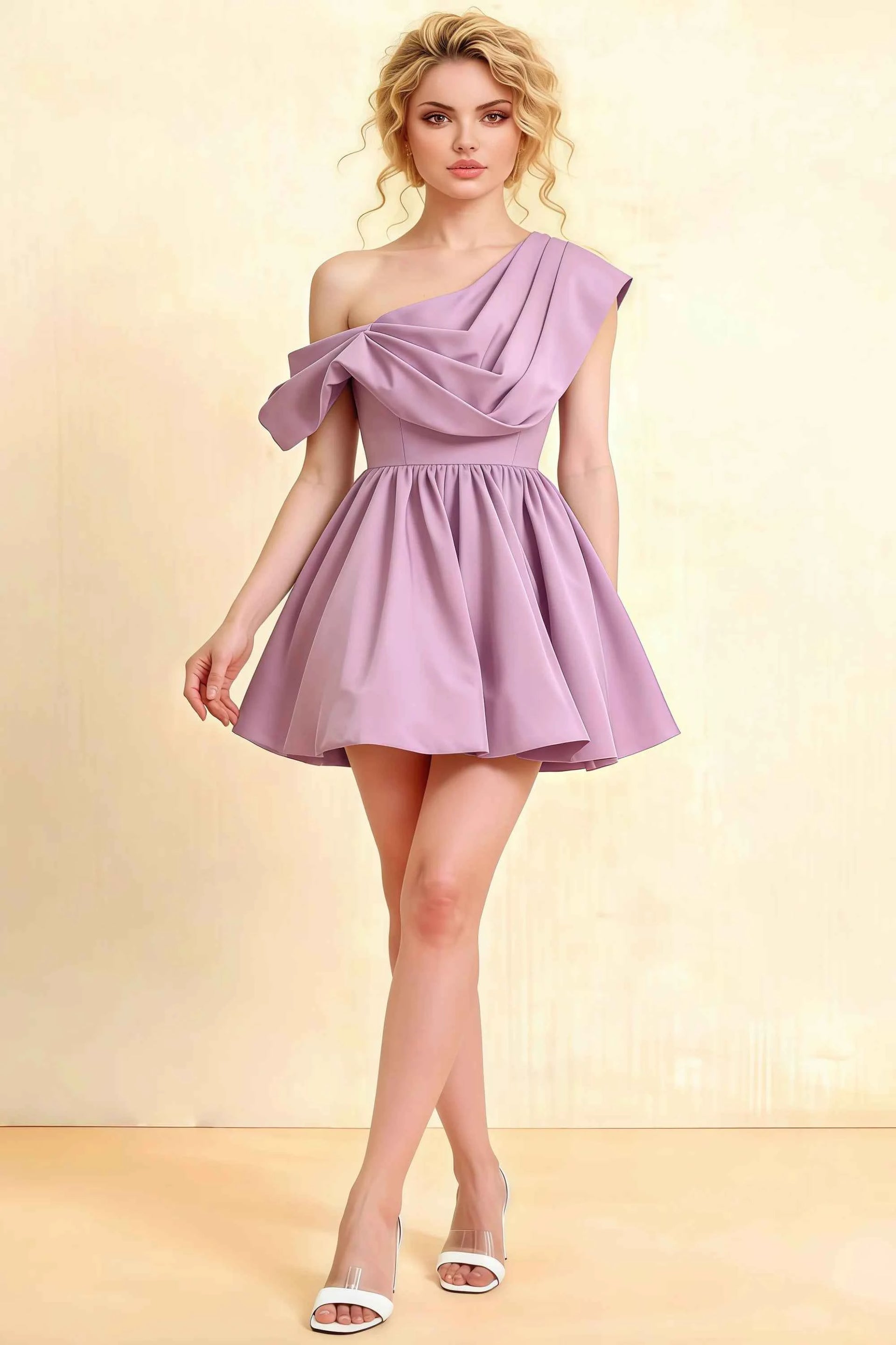 Cecilia Lilac One Shoulder Mini Skater Dress with Draped Asymmetric Neck