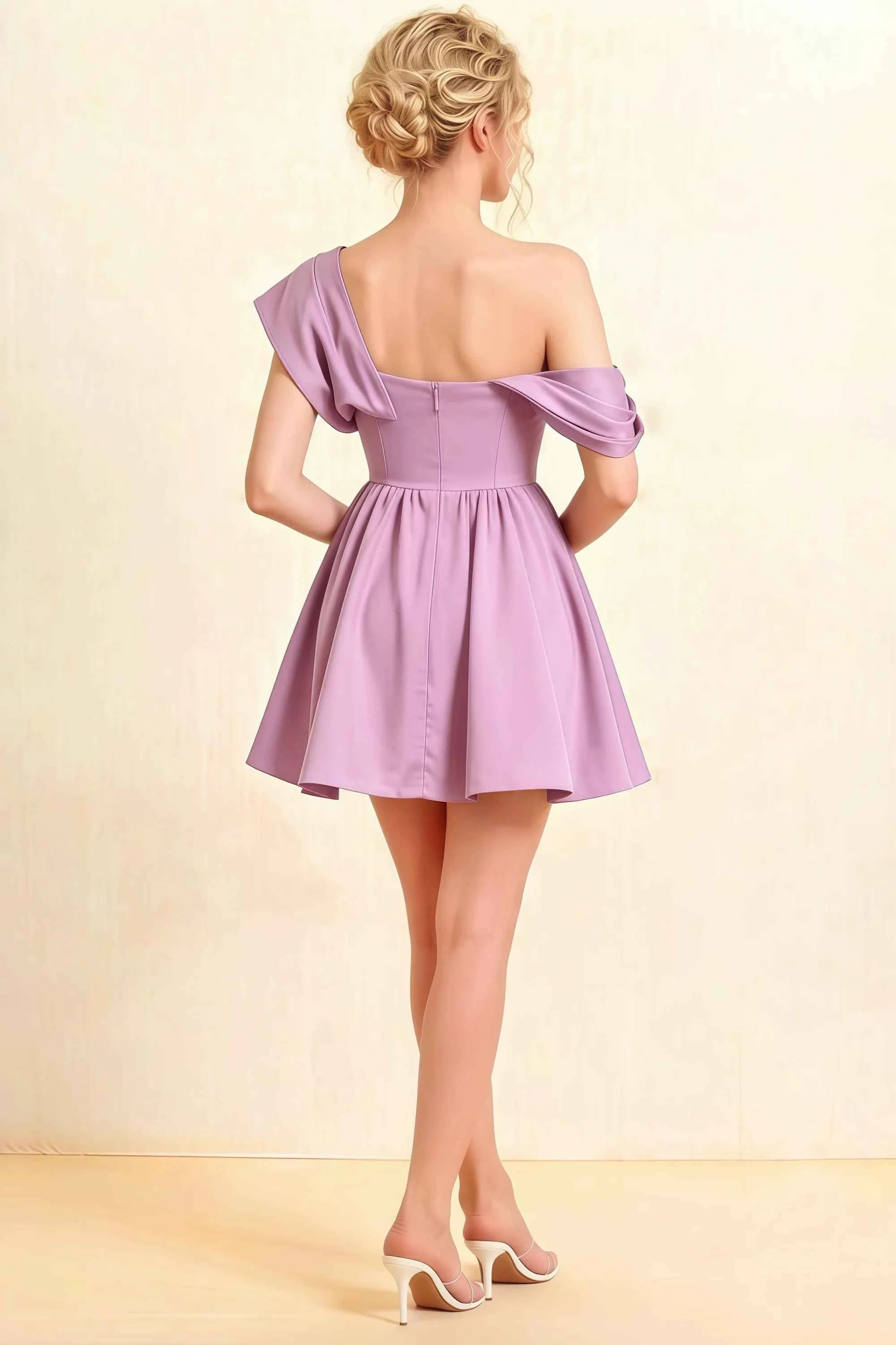 Cecilia Lilac One Shoulder Mini Skater Dress with Draped Asymmetric Neck Imagen secundaria del producto