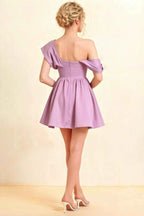 Cecilia Lilac One Shoulder Mini Skater Dress with Draped Asymmetric Neck