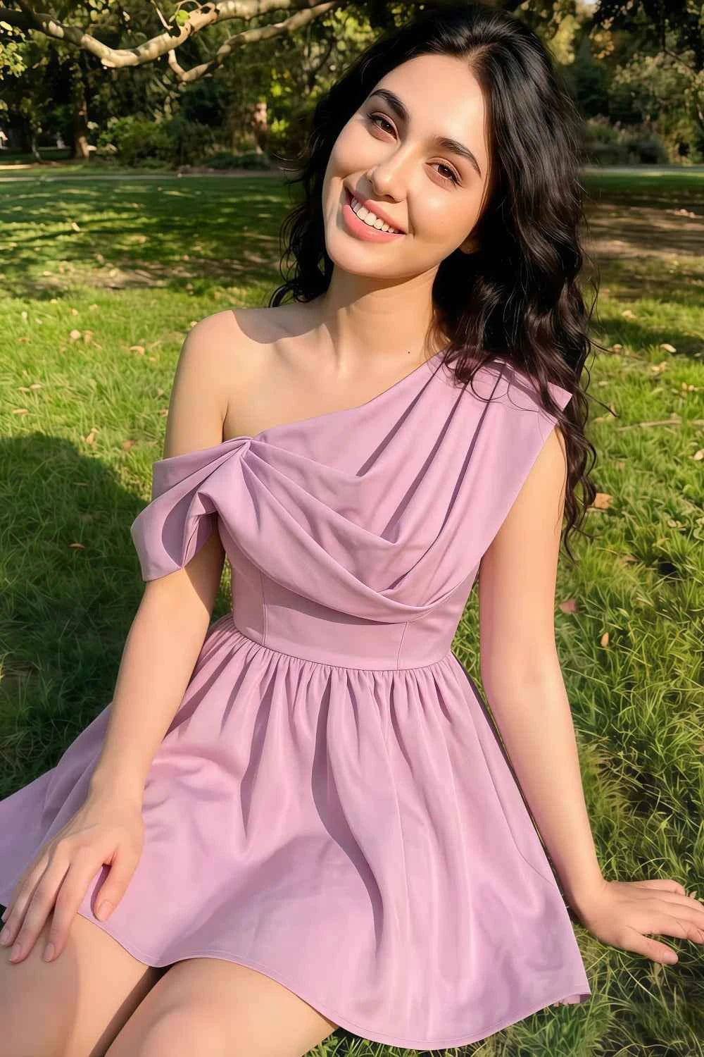 Cecilia Lilac One Shoulder Mini Skater Dress with Draped Asymmetric Neck