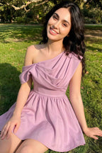 Cecilia Lilac One Shoulder Mini Skater Dress with Draped Asymmetric Neck