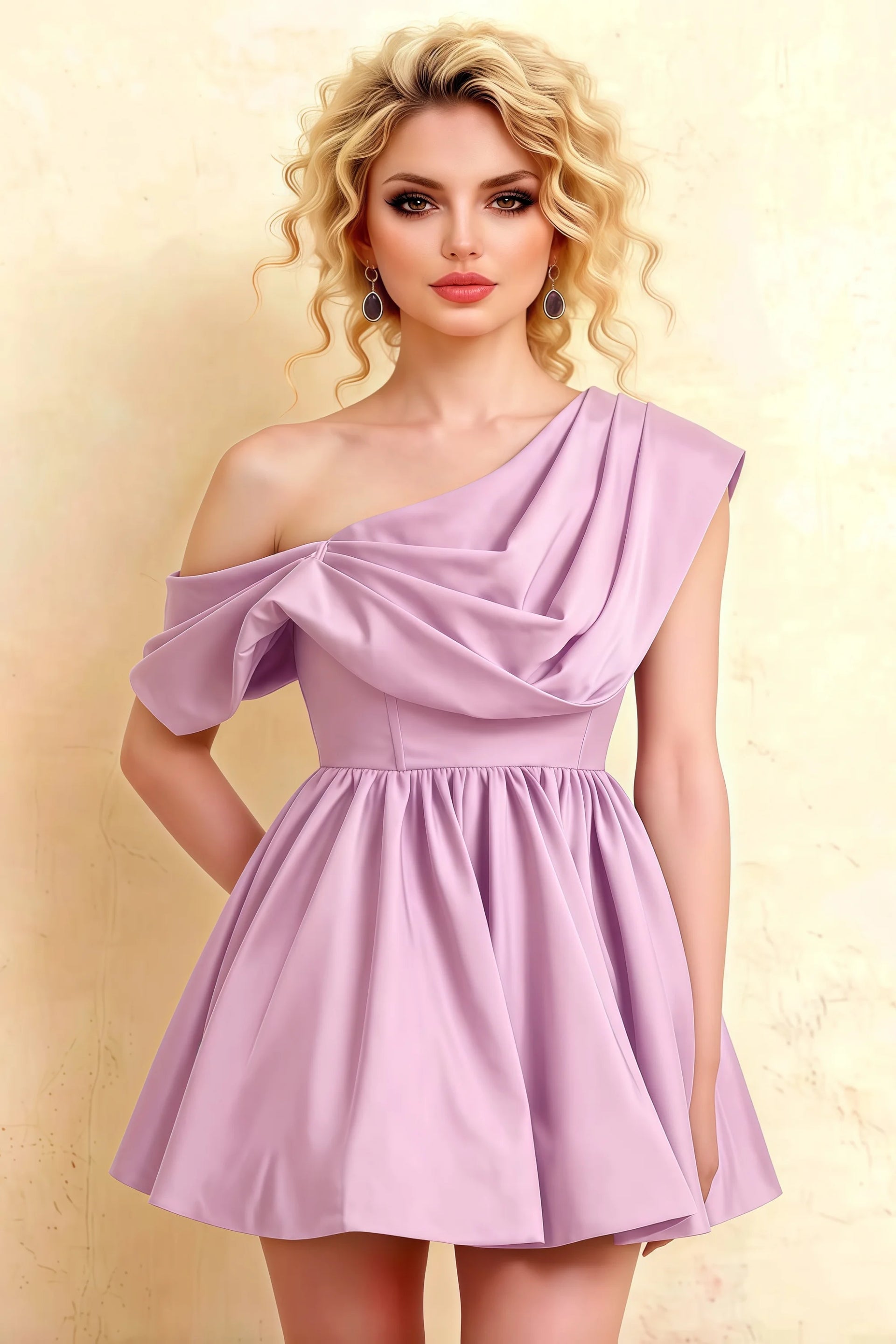 Front Close-Up of LVLVS Lilac Crepe Cecilia Dress Highlighting Draped Asymmetric Neckline and High-Quality Fabric Texture