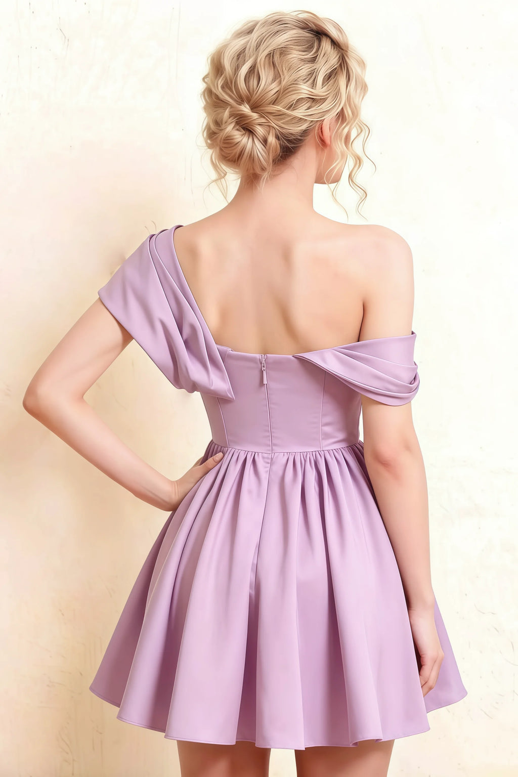 Elegant Back Detail of the Lilac Cecilia Skater Dress Showcasing Structured Bodice and Smooth Crepe Material for Formal Gatherings