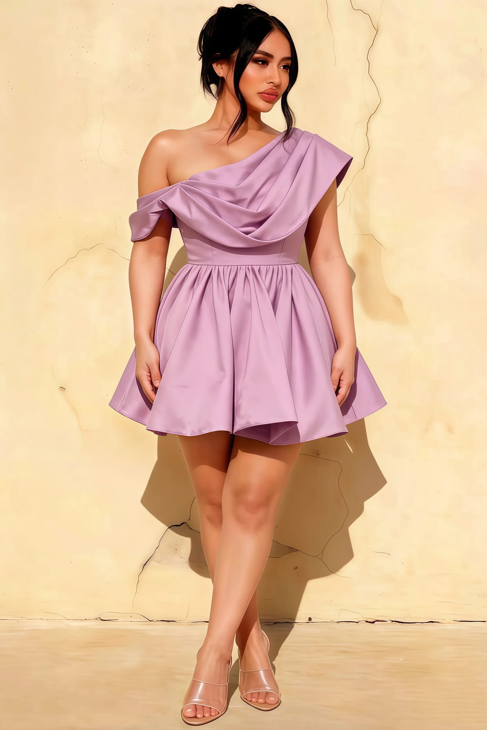 Plus Size Model Wearing LVLVS Lilac One Shoulder Mini Dress for Casual Day Parties and Graduation Ceremonies