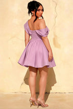 Rear View of Plus Size Lilac Cecilia Dress Demonstrating Flattering Fit and Flowy Skirt for Sorority Rush and Going Out Nights