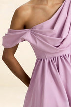 Detailed Fabric Close-Up of LVLVS Lilac Cecilia Dress Emphasizing the Draped One Shoulder Detail and Stretchy Waistband