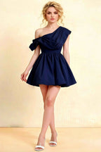 Cecilia Navy One Shoulder Mini Skater Dress with Draped Asymmetric Neck