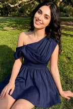 Cecilia Navy One Shoulder Mini Skater Dress with Draped Asymmetric Neck