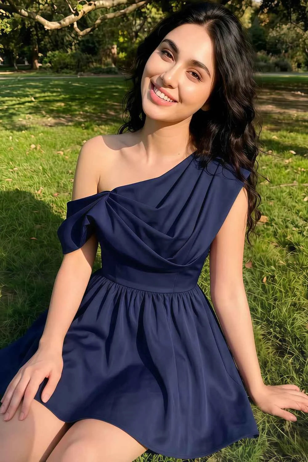 Cecilia Navy One Shoulder Mini Skater Dress with Draped Asymmetric Neck