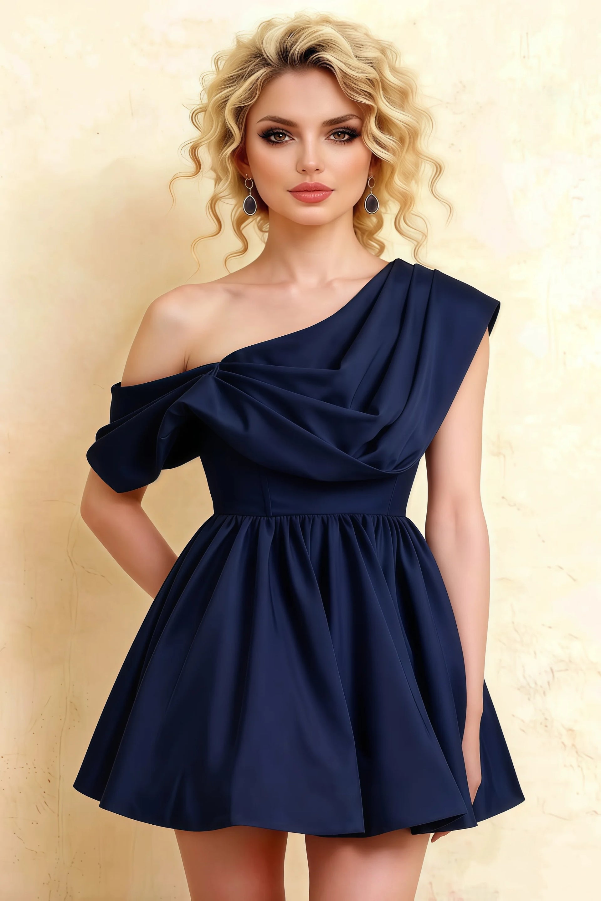 Close Up LVLVS Cecilia Navy One Shoulder Mini Skater Dress with Draped Neck for Club Night