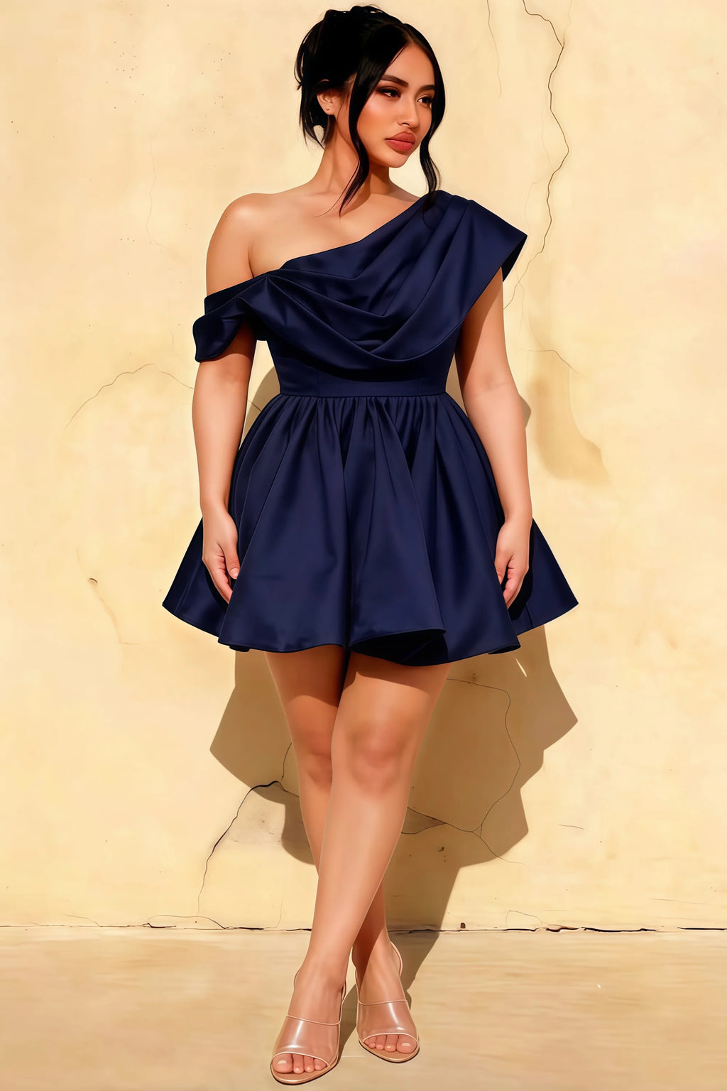 Plus Size Model Wearing LVLVS Cecilia Navy One Shoulder Mini Skater Dress for Homecoming Dance
