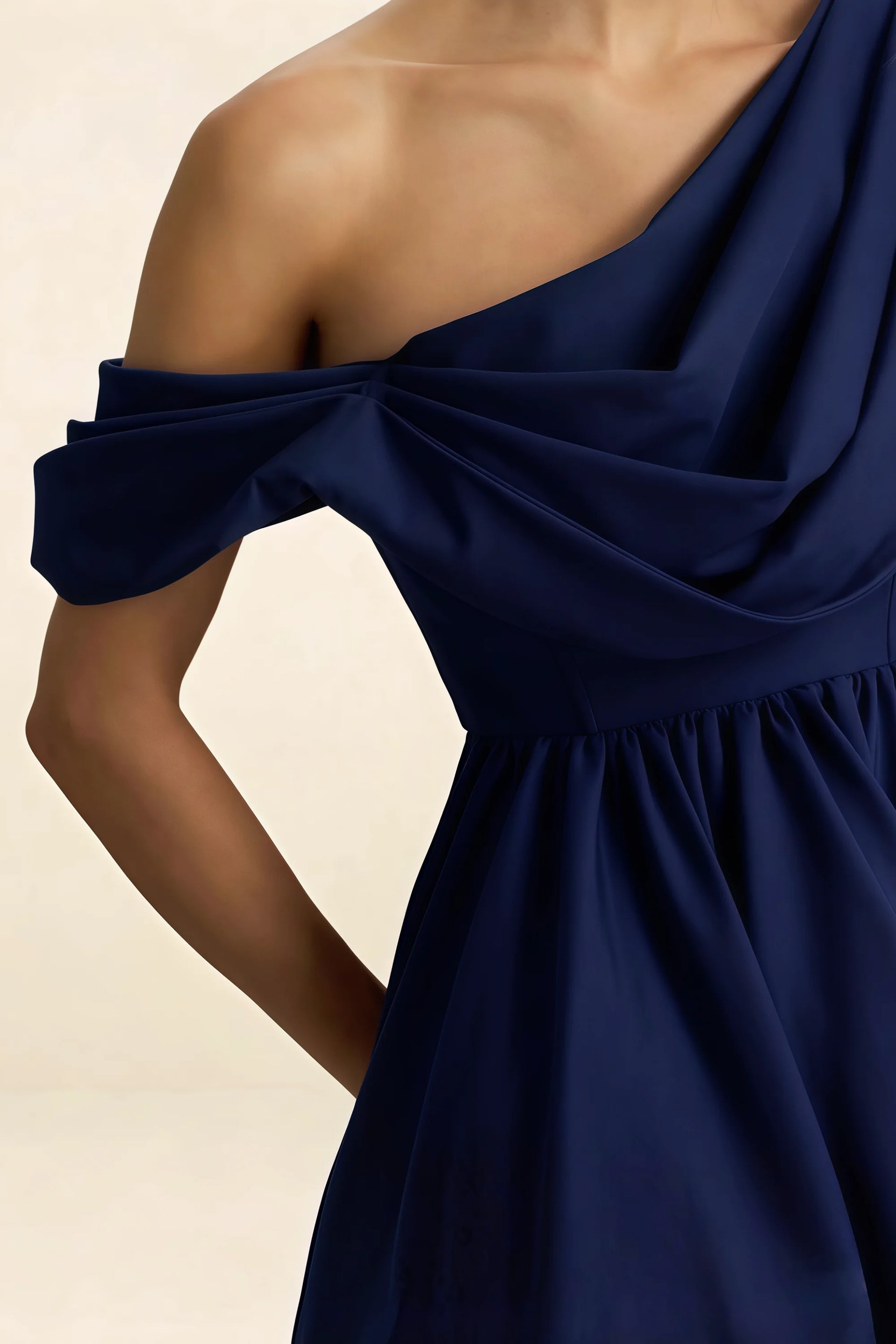 Draped Asymmetric Neck Detail of LVLVS Cecilia Navy One Shoulder Mini Skater Dress for Casual Brunch