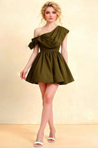 LVLVS Cecilia Olive One Shoulder Mini Skater Dress with Draped Asymmetric Neck - Perfect for Cocktail Parties, Formal Events & Bridesmaid Wear | Classy Crepe Casual Evening Dress