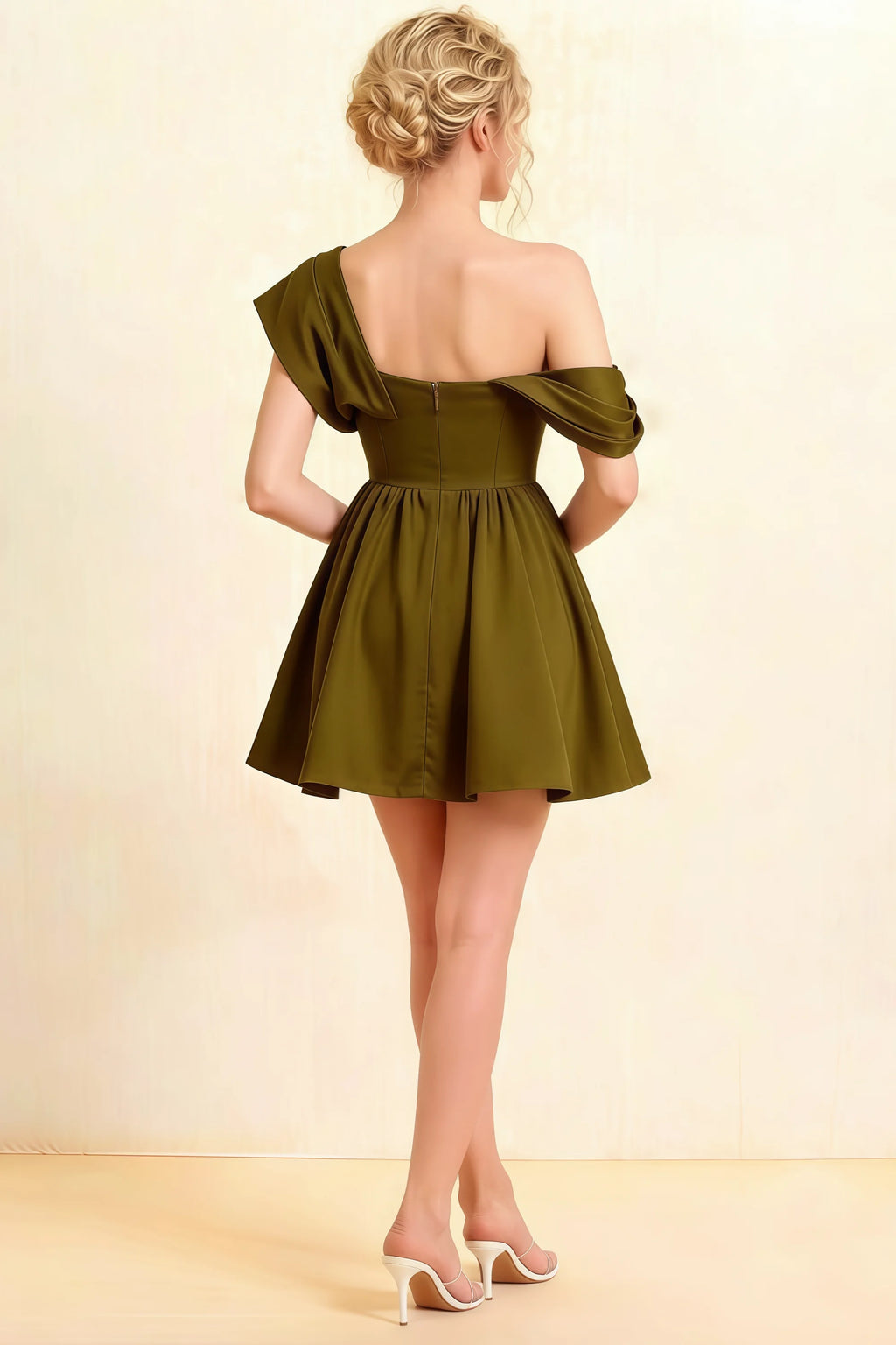 LVLVS Cecilia Olive One Shoulder Mini Skater Dress Back View - Elegant Bridesmaid Dress, Prom Semi - Formal & Homecoming Dress with Crepe Fabric