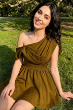 Customer Wearing LVLVS Cecilia Olive One Shoulder Mini Skater Dress - Olive Crepe Casual Day Party, Brunch & Outdoor Garden Event Dress