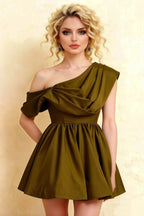 LVLVS Cecilia Olive One Shoulder Mini Skater Dress Front Detail - Classy Cocktail, Wedding Guest & Semi - Formal Dress with Crepe Texture