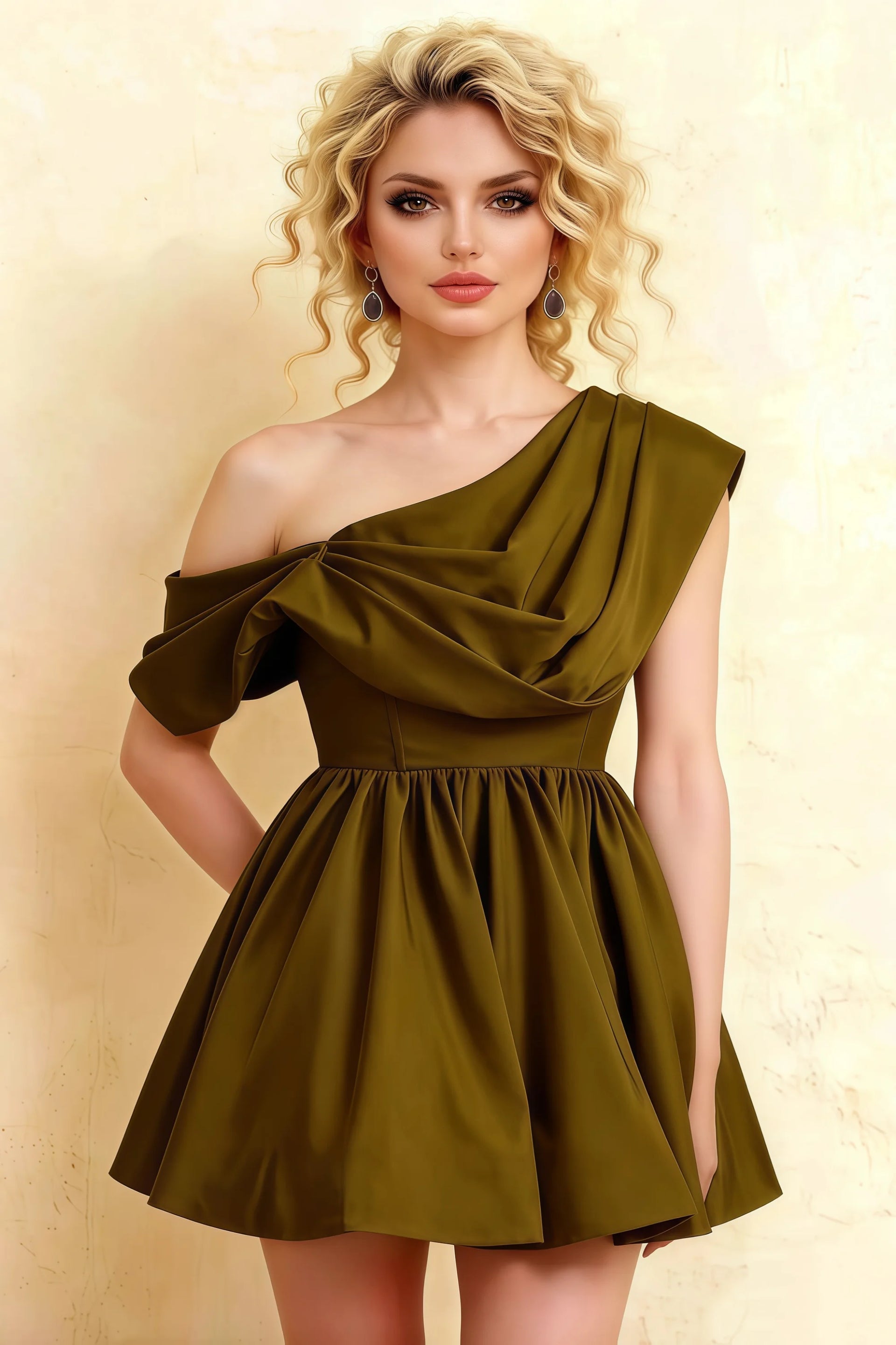 LVLVS Cecilia Olive One Shoulder Mini Skater Dress Front Detail - Classy Cocktail, Wedding Guest & Semi - Formal Dress with Crepe Texture