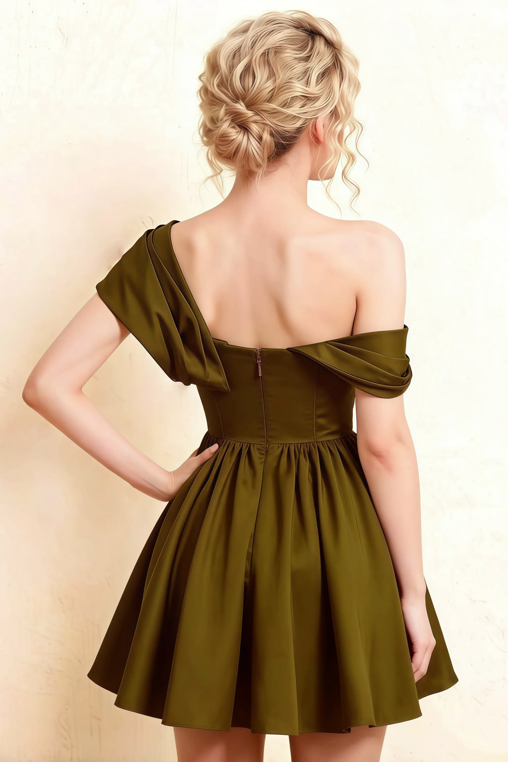 LVLVS Cecilia Olive One Shoulder Mini Skater Dress Back Close - Elegant Bridesmaid, Prom & Homecoming Dress with Draped Asymmetric Design
