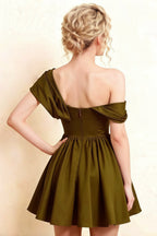 LVLVS Cecilia Olive One Shoulder Mini Skater Dress Back Close - Elegant Bridesmaid, Prom & Homecoming Dress with Draped Asymmetric Design