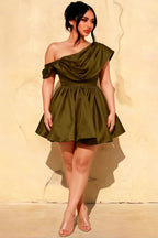 Plus Size Model in LVLVS Cecilia Olive One Shoulder Mini Skater Dress - Trendy Casual, Office & Party Dress for Curvy Figures