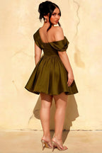 Plus Size LVLVS Cecilia Olive One Shoulder Mini Skater Dress Back - Flattering Bridesmaid, Semi - Formal & Graduation Dress for Plus Sizes