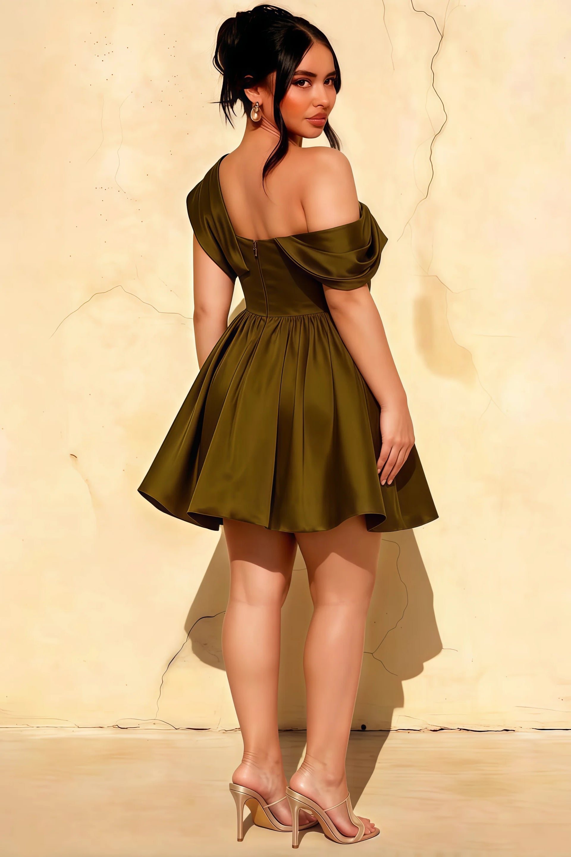 Plus Size LVLVS Cecilia Olive One Shoulder Mini Skater Dress Back - Flattering Bridesmaid, Semi - Formal & Graduation Dress for Plus Sizes
